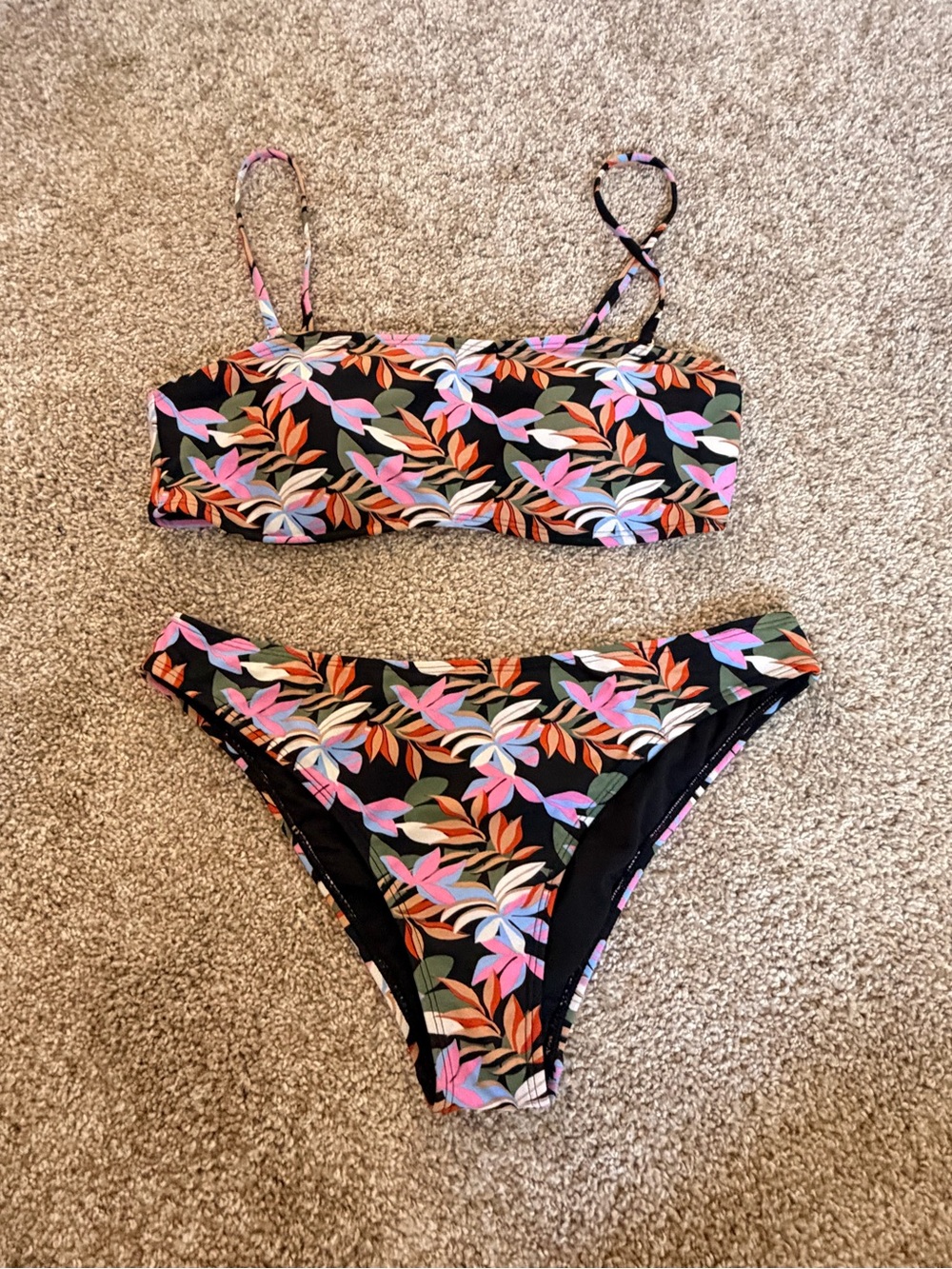 Floral Leaf Bandeau Bikini Set - Black with Pink & Orange Leaves